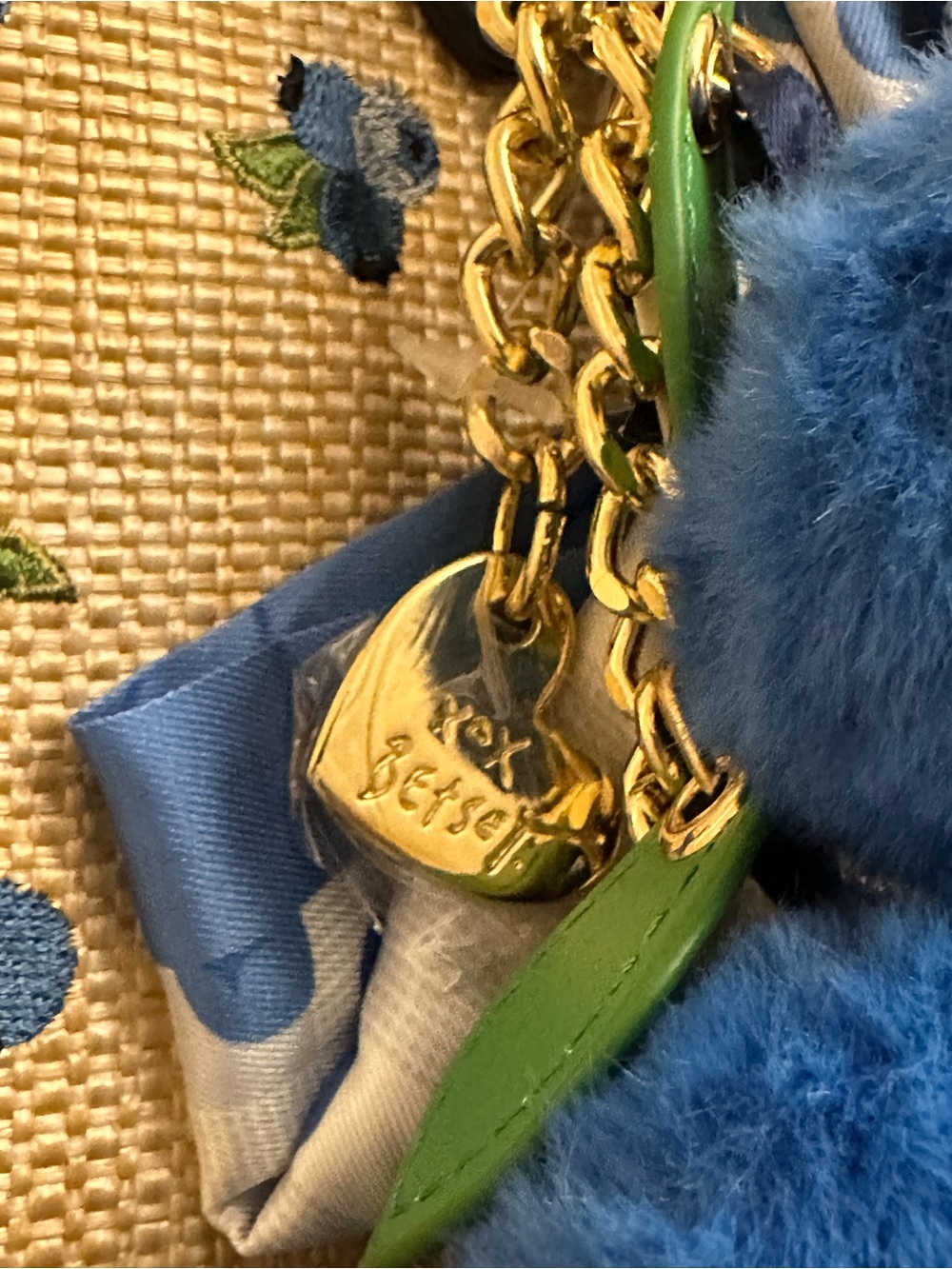 Betsey Johnson Tan Tote with Blue Floral Dots Design & Blue Pom Charm & Scarf - Picture 7 of 16